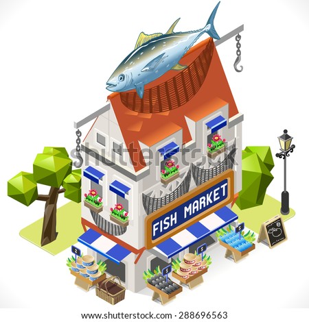 Fishmonger Shop Building with a Big Tuna Fish at the Top. 3D Tile for Your Own Isometric Game App. Tint Vector Isometric Icon. Vector JPEG JPG EPS 10 Image Drawing AI Object Picture Graphic Art