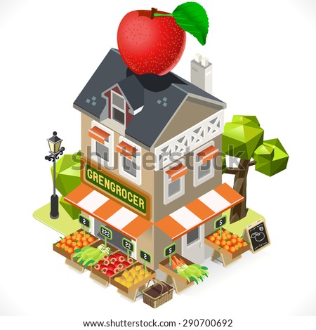 Greengrocer Shop Building with a Big Apple at the Top. 3D Tile for Your Own Isometric Game App. Tint Isometric Icon. 