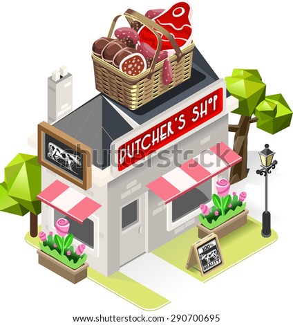 Retro Butcher Shop Building with a Big Basket with Meat Products at the Top. 3D Tile for Your Own Isometric Game App. Tint Isometric Icon. 