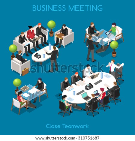 Startup Teamwork Brainstorming Business Office Meeting Room. Interacting People Unique Isometric Realistic Poses. NEW bright palette 3D Flat Vector Icon Set. Team around table working with laptop