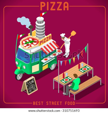 Italian Pizza Food Truck. Delivery Master. Street Food Chef Web Template. bright palette 3D Flat Vector Icon Set Isometric Food Truck. Full of Taste High Quality Dishes Alternative Street Cuisine EPS