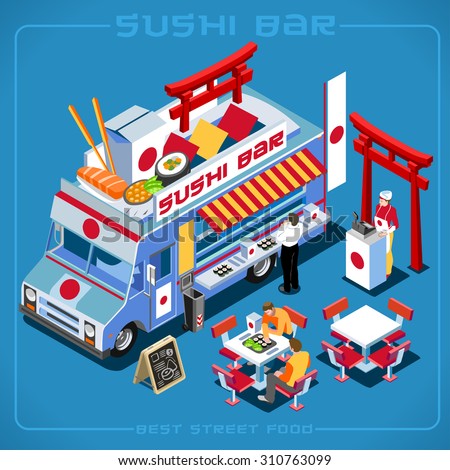 Japanese Wok Sushi Food Truck Delivery Master. Street Food Chef Web Template palette 3D Flat Vector Icon Set Isometric Food Truck Full Taste High Quality Dishes Alternative Street Cuisine EPS JPG JPEG