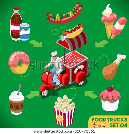 Food Collection Modular Peddler Truck. Food Delivery Master. Street Food Chef Web Template. NEW Flat 3d Isometric Vector Food Truck Set. Full Taste and High Quality Dishes Alternative Street Cuisine