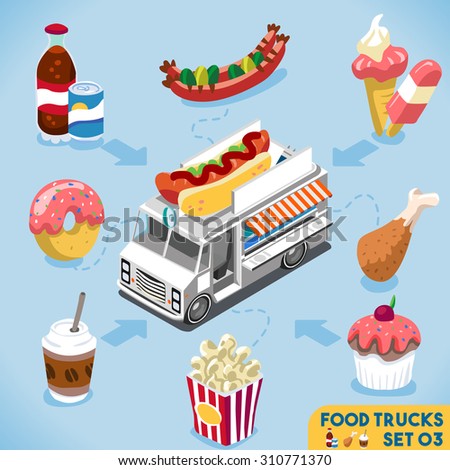 Food Collection Modular Food Truck. Food Delivery Master. Street Food Chef Web Template. NEW Flat 3d Isometric Vector Food Truck Set. Full of Taste and High Quality Dishes Alternative Street Cuisine