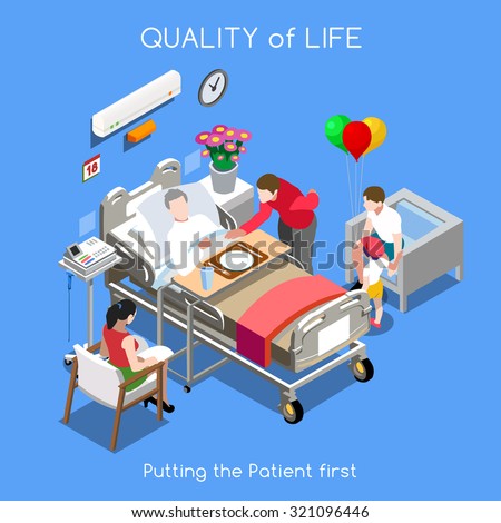 Medical Hospital Isometric Infographic. Health Care Concept Patient Disease Hospitalization at Medical Hospital. Clinic Patient Room Hospital Bed. Healthcare 3D Flat People Vector Illustration