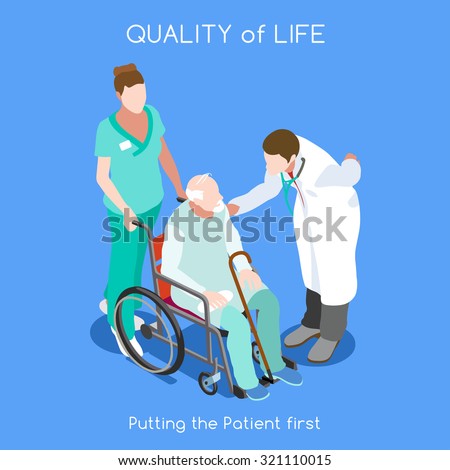 Health Care Medical Doctor and Patient Infographic. Clinic Hospital Facility Patient Hospitalization. Nurse and Patient Wheelchair. Medical health care 3D Flat Isometric People nurse Vector Image.