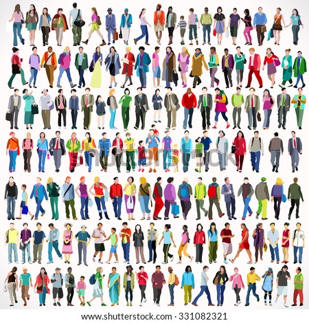 Urban Multiethnic People Collage Large Set Colorful Flat Icon Set Isolated Walking Female and Male People Characters. Asiatic British African Indian Young Adult Boys and Girls Collage Vector Image.
