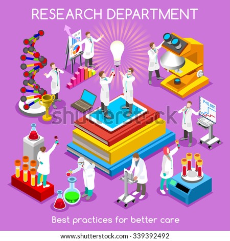 Scientist and Life Sciences Research Infographic. Pharmaceutical Industry Trials. Clinic Hospital Medical Symbols. Health Care Laboratory 3D Flat Isometric People Set EPS JPG AI JPEG Vector Image