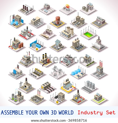 Power Energy Plant Urban Factory Farm Industry Nuclear Icon Heating Gas Elevator Industrial Exterior. Isometric Building Game Tiles. Flat 3D City Map Isolated Infographic Element Set Vector Collection