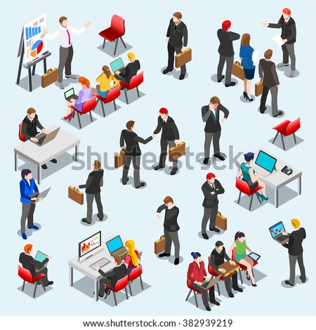 Business Desk Man Sitting and Standing Meeting Poses. Infographic Elements. 3D Flat Art Isometric People EPS JPG AI JPEG Vector Image.