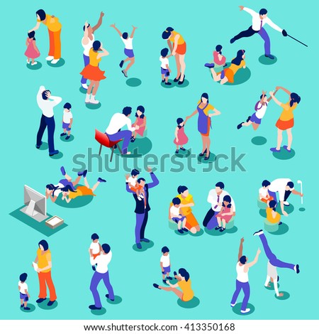 Family time Set. 3D flat isometric people children & parents. Family playing at home nuclear family care isolated concepts. Parenting scene moments children character education portrait  vector image