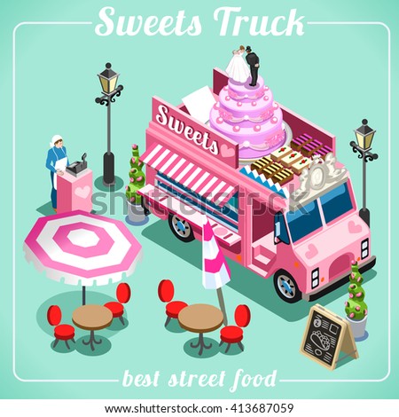 Sweet Breakfast Food Truck Delivery Master. Street Food Chef Web Template. 3D Flat Isometric Vehicles Sweet Food Truck Infographic Isolated Image