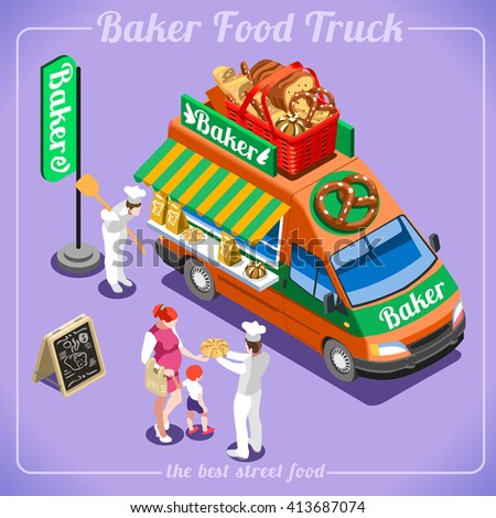 Bakery Food Truck Delivery Master. Street Food Chef Web Template. 3D Flat Isometric Vehicles Bread Food Truck Infographic Elements Isolated Image. Icon. Food Truck JPG. Food Truck JPEG. Picture. Image