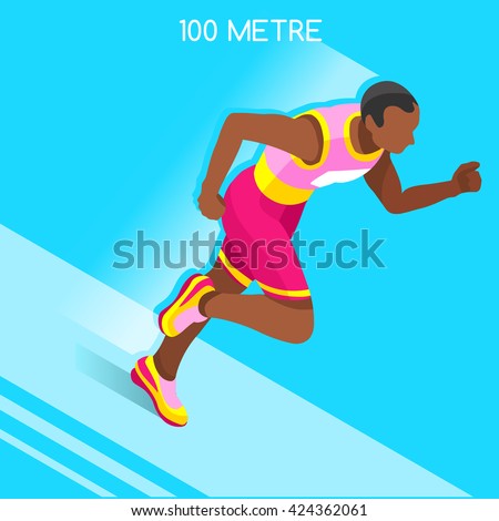 Male Running 100 Metres Dash male Athletic Sportsman. Speed Concept. Isometric black Athlete. Individual Sport Athletic. Sporting Competition black Runner Sport Infographic Track Field olympics Vector