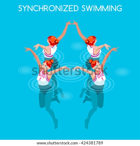 Synchronized Swimming 2016 Summer Games Icon Set.3D Isometric Swimmer Team.Water Dance Swimming Sporting International Competition.Sport Infographic Synchronized Swimming olympics Vector Illustration.