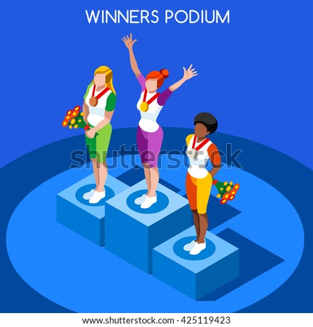 Flat isometric female winner athletes on pedestal Athletics Podium. Individual Sport Athletic Image.Winning Athlete Podium.Isometry olympics Icon. Athletic Winner Sportswomen Podium Pedestal Vector