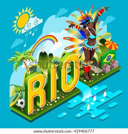 Brasil Rio Summer Games Infographic. World Travel Event for People Smartphone. Sports Recreation Icon. Copacabana Landmark Soccer Signs & Symbol Carnival Brazil Flag. 3D Isometric Vector Illustration