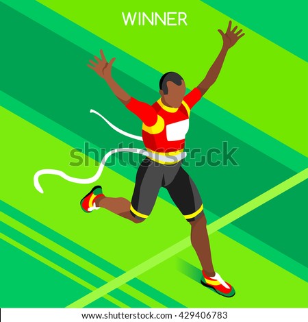 Marathon Finish Line African American Running Man Athletic Sportsman Game. Win Concept. 3D Isometric Marathon Winning Athlete. Sport Athletic Sporting Competition Infographic olympic Vector People Set