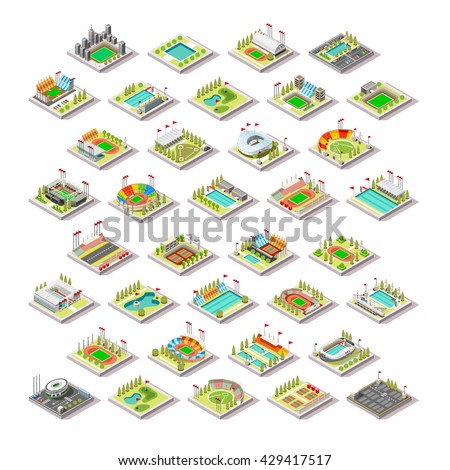 Sport Facility Building Set. 3D Isometric City Map Sport Park Buildings Infographic Element. Stadium Arena Field Pool Green Track Camp Court Structure. Game Icon Sport Collection Vector Illustration