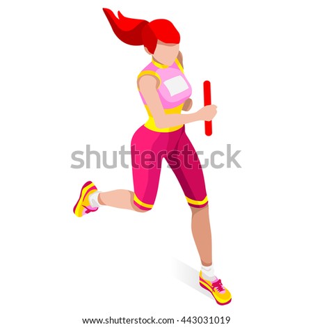 Running Woman Relay of Athletic 2016 Summer Games.Speed Concept.3D Isometric Athlete.Sport of Athletics.Sporting Competition Race Runner.Sport Infographic Track Field olympics Vector Illustration.