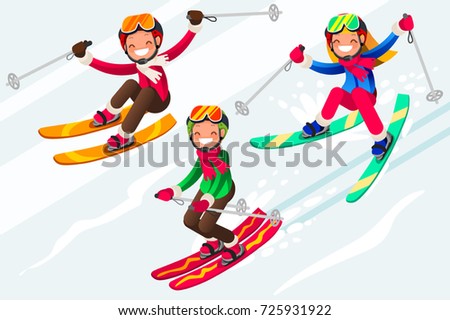 Boy little skiing. Skis in snow skiing people. Winter sports at kids holidays. Parents and children skiers enjoying snow landscape. Vector illustration in a flat style