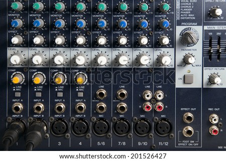 Close up of a professional equipment audio console mixer in a recording studio