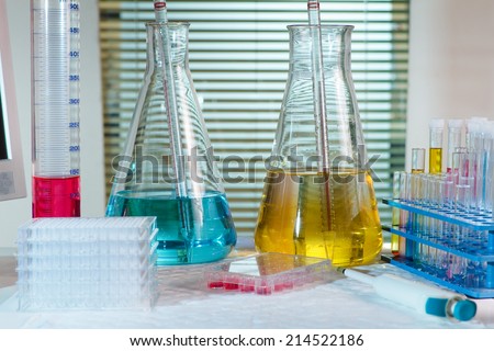 workbench with glass material equipment scientist and equipment technical in chemical lab