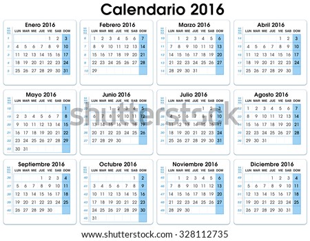 calendar vertical 2016. Spanish. 12 months, indicating number weeks / calendar 2016. Spanish. with weeks and parties