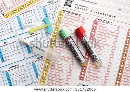 Laboratory work tools of health analysis and in the background a request calendar of citations / tubes of blood samples for analysis with report and calendar citations and needle