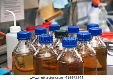 bottles of contaminated water for laboratory analysis / test water samples in the laboratory of water treatment plant