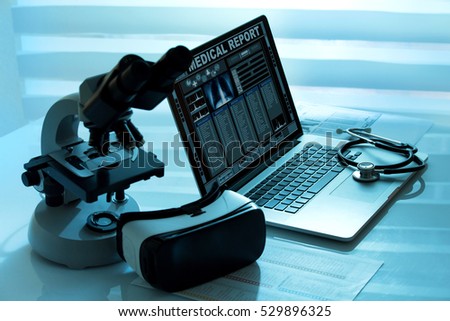 Laptop with remote diagnostic medical equipment / Virtual reality equipment in the laboratory