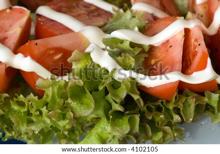 fresh and tasty salad from tomatoes with sheets of the salad and sauce