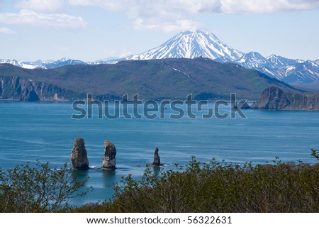 beautiful landscape with rocks and volcano on kamchatka