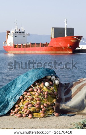 Fishing net and ship