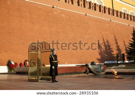 MOSCOW - APRIL 8: Guard of honor stand by at Kremlin Sentry April 8, 2009 in Moscow. Russian males age 18-27 years old are required to register for minimum 1 year compulsory military service.