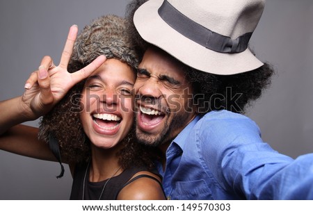 Happy couple in a photo booth