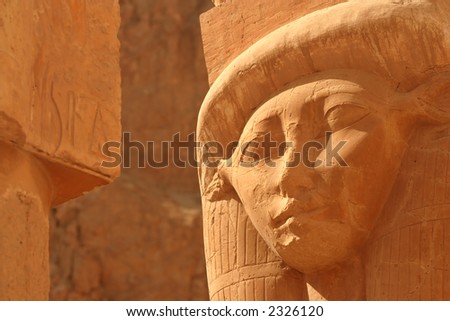 A sandstone capital of the Goddess Hathor (the cow goddess) at the Temple of Hatshepsut, Luxor, Egypt.