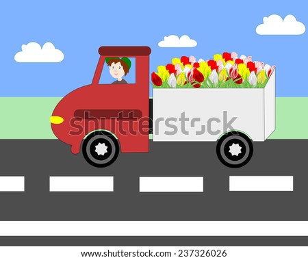 Truck driving on the freeway, transportation flowers