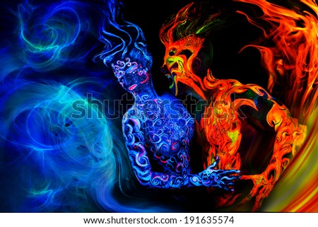 Man and women faces and bodies with fluorescent body art. Black background.
