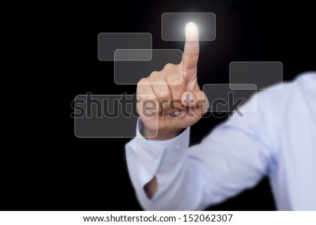 Hand simulating pressing something with index finger, isolated on a black  background.