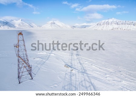 test drilling tower near to abandoned Russian mining village of pyramiden svalbard norway
