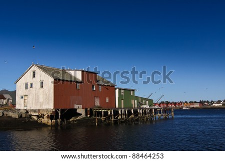 fish factory for cod processing in Norwegian fishing village at sea shore