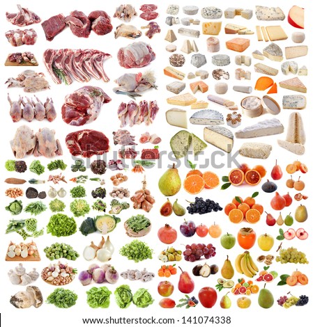 large group of food in front of white background