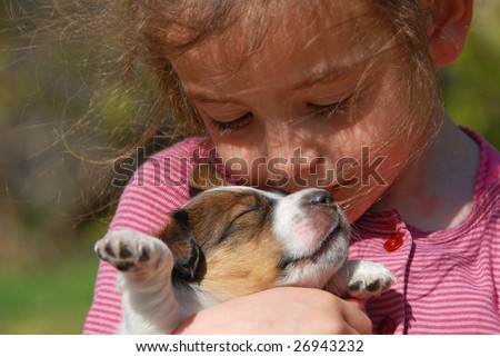stock photo little girl and her very young puppy jack russel terrier