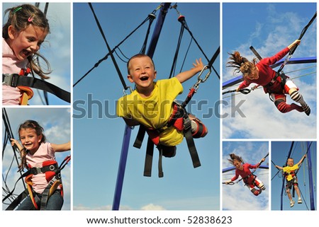 Little children  jumping on the trampoline (bungee jumping).