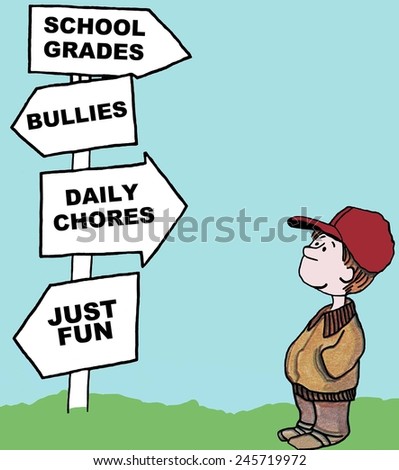 The young boy has many options: school grades, bullies, daily chores, just fun.