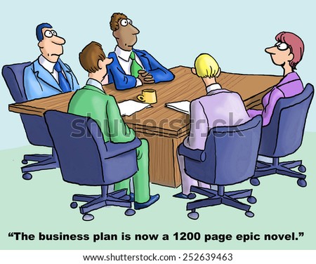 Cartoon of businesswoman saying to marketing team that the business plan has become a 1,200 page novel.