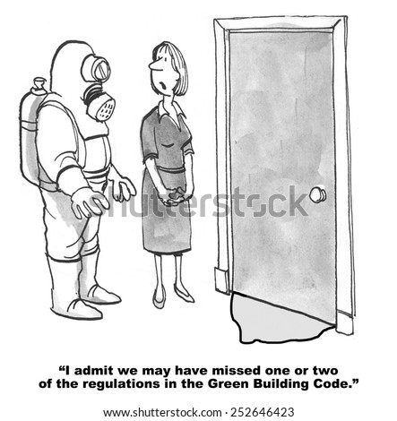 Cartoon of businesswoman says to Hazardous Waste man that the company may have missed a few green regulations.