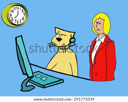 Business cartoon of late work day for the business cat, but the businesswoman boss is looking over his shoulder.