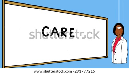 Healthcare cartoon of hospital worker and whiteboard with the word \'care\'.